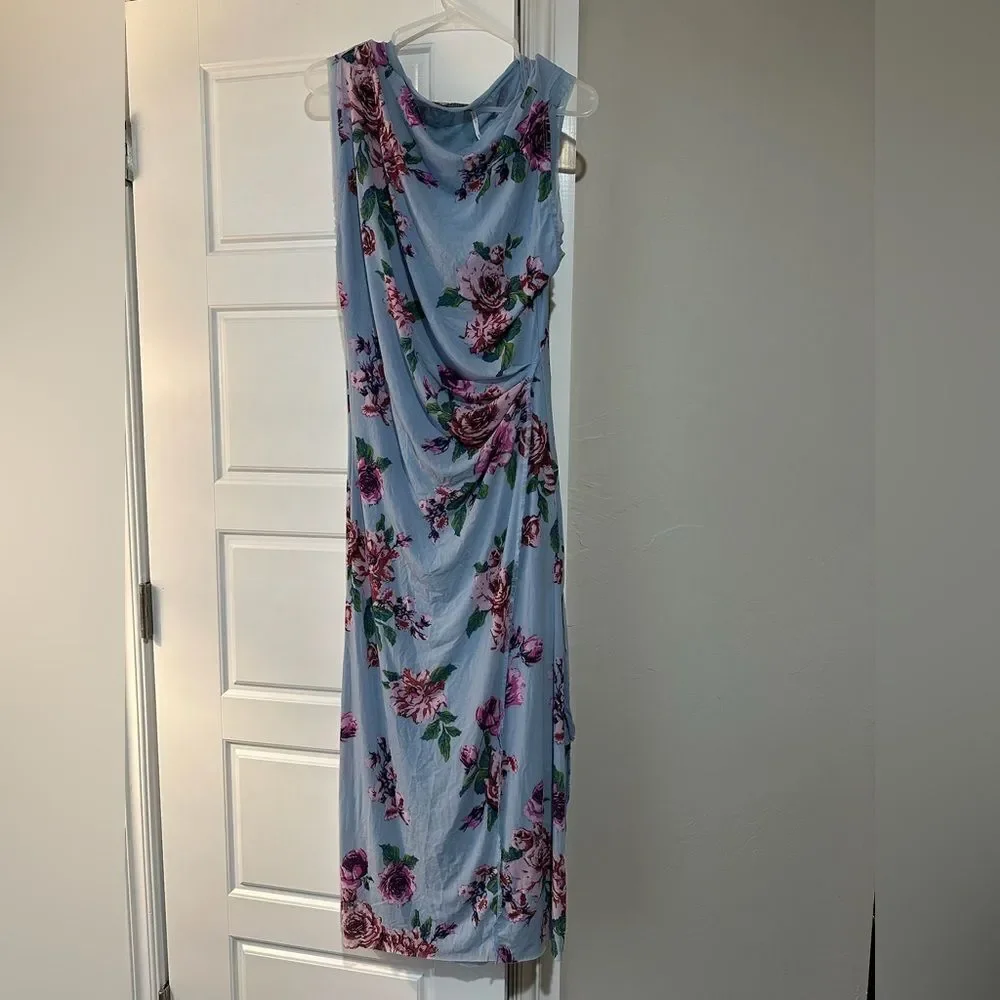 Free People Carmel Blue Floral Print Sleeveless Draped Midi Dress Size Large NWT